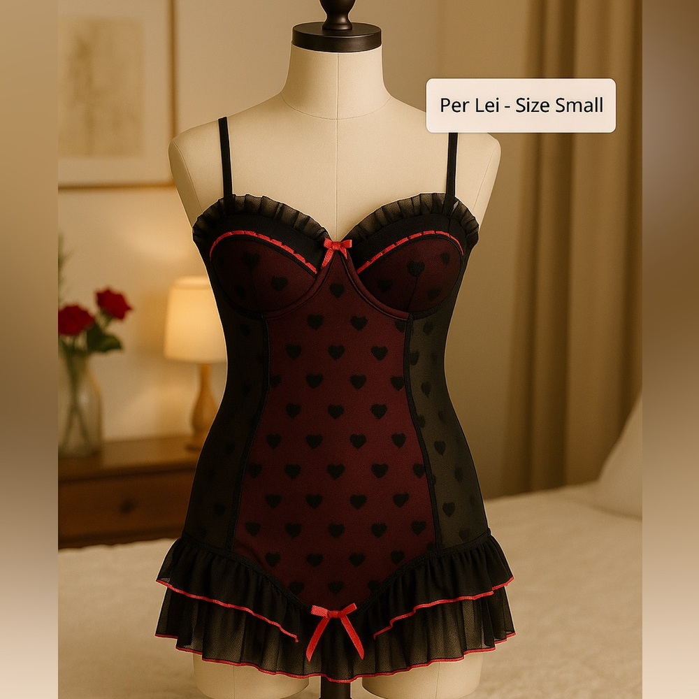 Per Lei Black & Red Heart Mesh Babydoll Lingerie – Size Small